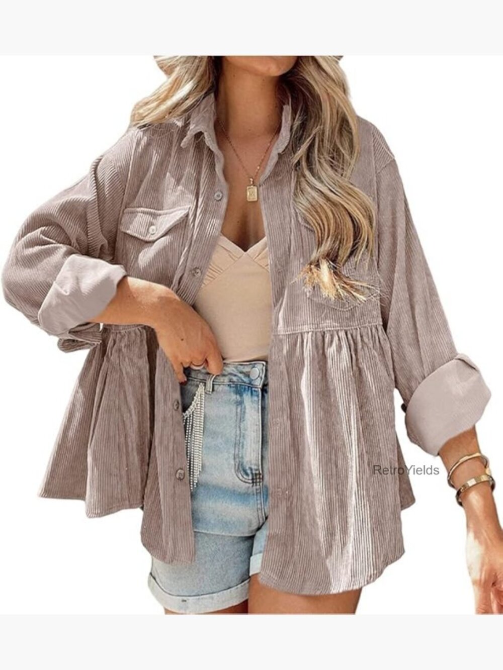 Corduroy Peplum Button Down Blouse with Pockets Long Sleeve